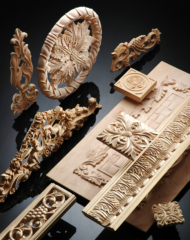 Carved Appliques: Wood appliques in oak, maple, cherry and walnut